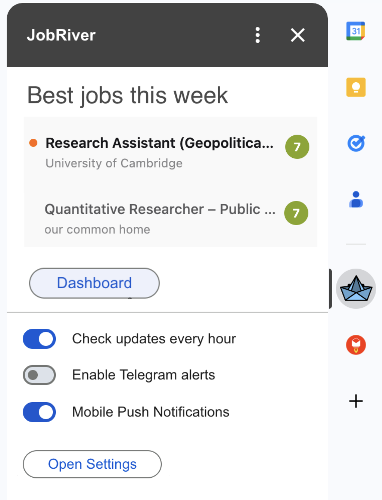 JobRiver sidebar в Gmail